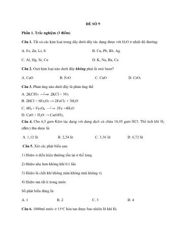Đề ôn thi học kì 2 Hóa học Lớp 8 - Đề số 9 - Năm học 2022-2023 (Có đáp án)