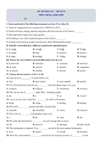 Đề thi học kì 1 Tiếng Anh Lớp 8 (Chương trình mới) - Đề số 10 (Có hướng dẫn giải chi tiết)