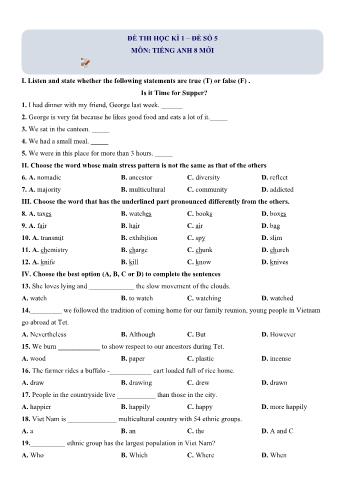 Đề thi học kì 1 Tiếng Anh Lớp 8 (Chương trình mới) - Đề số 5 (Có hướng dẫn giải chi tiết)