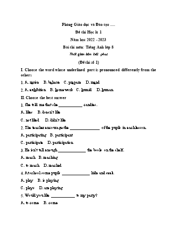 Đề thi học kì 1 Tiếng Anh Lớp 8 - Đề số 1 - Năm học 2022-2023 (Có đáp án)