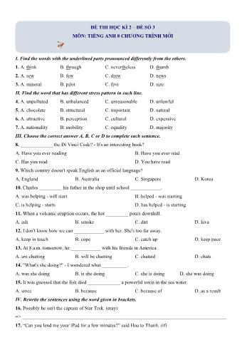 Đề thi học kì 2 Tiếng Anh Lớp 8 (Chương trình mới) - Đề số 3 (Có hướng dẫn giải chi tiết)