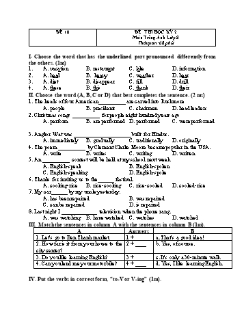 Đề thi học kì 2 Tiếng Anh Lớp 8 - Đề 10 (Có đáp án)