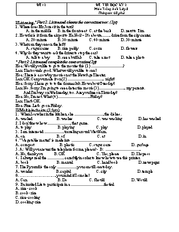 Đề thi học kì 2 Tiếng Anh Lớp 8 - Đề 12 (Có đáp án)