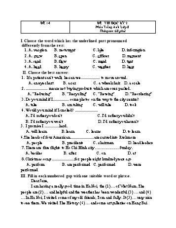 Đề thi học kì 2 Tiếng Anh Lớp 8 - Đề 14 (Có đáp án)