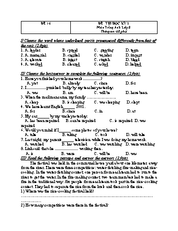 Đề thi học kì 2 Tiếng Anh Lớp 8 - Đề 16 (Có đáp án)