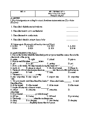 Đề thi học kì 2 Tiếng Anh Lớp 8 - Đề 19 (Có đáp án)