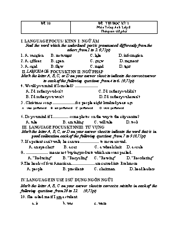 Đề thi học kì 2 Tiếng Anh Lớp 8 - Đề 20 (Có đáp án)