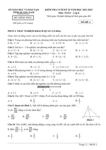 Kiểm tra cuối học kì 2 Toán Lớp 8 - Năm học 2021-2022 - Sở GD&ĐT Quảng Nam (Có hướng dẫn chấm)