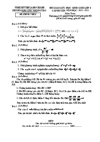 Đề giao lưu học sinh giỏi cấp huyện Toán Lớp 8 - Năm học 2022-2023 - Phòng GD&ĐT Lang Chánh (Có hướng dẫn chấm)