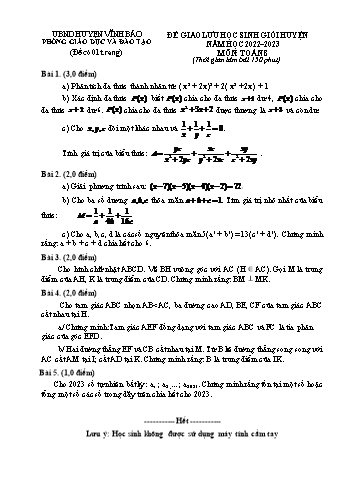 Đề giao lưu học sinh giỏi cấp huyện Toán Lớp 8 - Năm học 2022-2023 - Phòng GD&ĐT Vĩnh Bảo (Có hướng dẫn chấm)