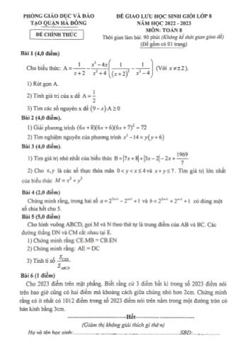Đề giao lưu học sinh giỏi Toán Lớp 8 - Năm học 2022-2023 - Phòng GD&ĐT Hà Đông