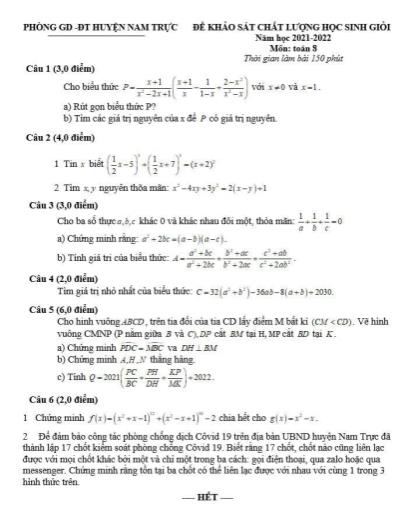 Đề khảo sát chất lượng học sinh giỏi Toán Lớp 8 - Năm học 2021-2022 - Phòng GD&ĐT Nam Trực