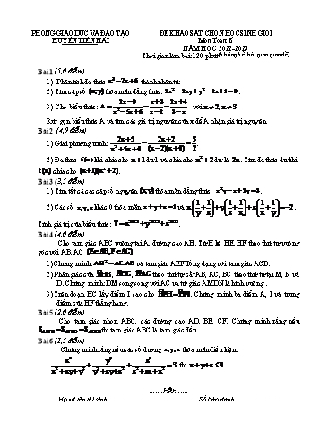 Đề khảo sát chọn học sinh giỏi Toán Lớp 8 - Năm học 2022-2023 - Phòng GD&ĐT Tiền Hải (Có đáp án)