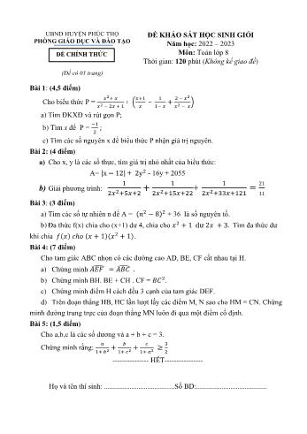 Đề khảo sát học sinh giỏi Toán Lớp 8 - Năm học 2022-2023 - Phòng GD&ĐT Phúc Thọ (Có hướng dẫn chấm)