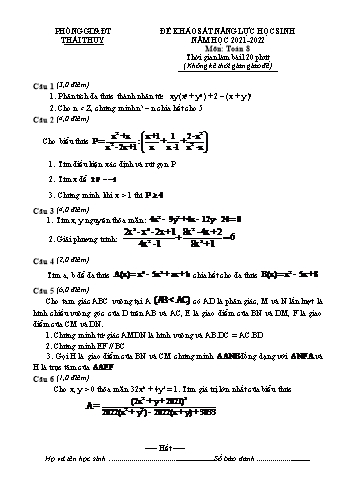 Đề khảo sát năng lực học sinh Toán Lớp 8 - Năm học 2021-2022 - Phòng GD&ĐT Thái Thụy (Có hướng dẫn chấm)