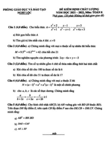 Đề kiểm định chất lượng Toán Lớp 8 - Năm học 2021-2022 - Phòng GD&ĐT Nghi Lộc