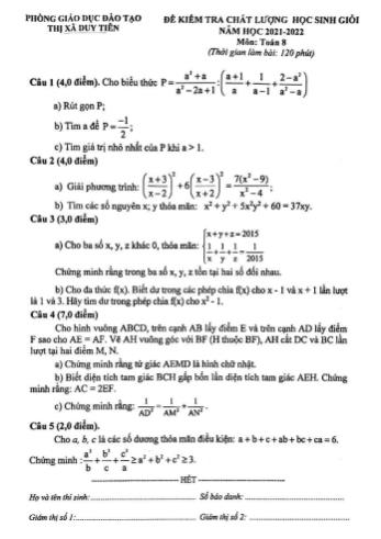 Đề kiểm tra chất lượng học sinh giỏi Toán Lớp 8 - Năm học 2021-2022 - Phòng GD&ĐT Duy Tiên