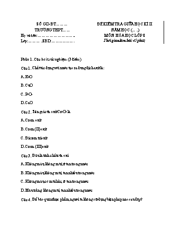 Đề kiểm tra giữa học kì 2 Hóa học 8 - Năm học 2022-2023 (Có đáp án)