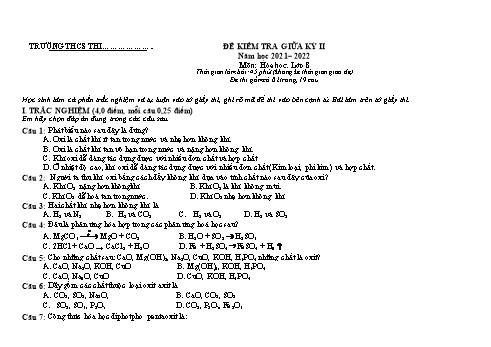 Đề kiểm tra giữa học kì 2 Hóa học Lớp 8 - Năm học 2021-2022 (Có đáp án và biểu điểm)