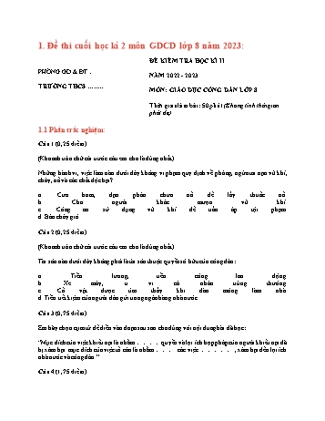 Đề kiểm tra học kì 2 Giáo dục công dân 8 - Năm học 2022-2023 (Có đáp án)