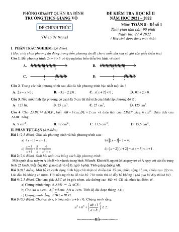 Đề kiểm tra học kì 2 Toán Lớp 8 - Năm học 2021-2022 - Trường THCS Giảng Võ (Có hướng dẫn chấm)