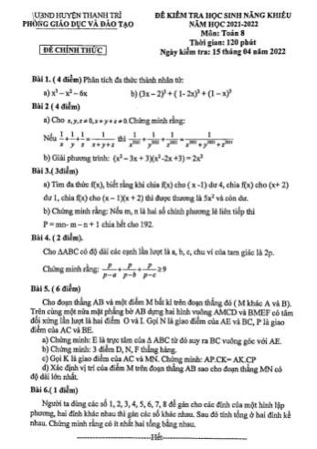Đề kiểm tra học sinh năng khiếu Toán Lớp 8 - Năm học 2022-2023 - Phòng GD&ĐT Thanh Trì