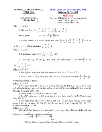 Đề thi chọn đội dự tuyển học sinh giỏi cấp tỉnh Toán Lớp 8 - Năm học 2022-2023 - Phòng GD&ĐT Triệu Sơn (Có hướng dẫn chấm)