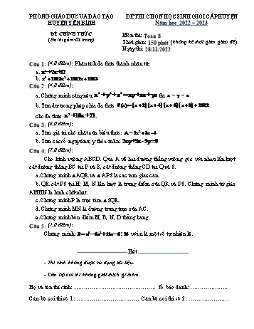 Đề thi chọn học sinh giỏi cấp huyện Toán Lớp 8 - Đề chính thức - Năm học 2022-2023 - Phòng GD&ĐT Yên Bình (Có hướng dẫn chấm)