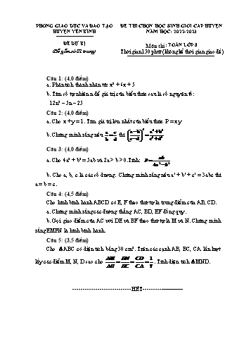 Đề thi chọn học sinh giỏi cấp huyện Toán Lớp 8 - Đề dự bị - Năm học 2022-2023 - Phòng GD&ĐT Yên Bình (Có hướng dẫn chấm)