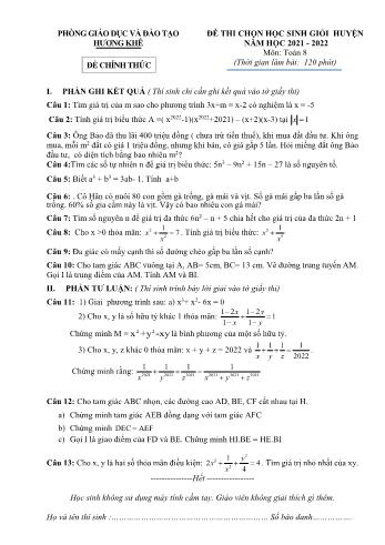 Đề thi chọn học sinh giỏi cấp huyện Toán Lớp 8 - Năm học 2021-2022 - Phòng GD&ĐT Hương Khê (Có hướng dẫn chấm)