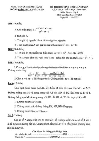 Đề thi chọn học sinh giỏi cấp huyện Toán Lớp 8 - Năm học 2021-2022 - Phòng GD&ĐT Thuận Thành