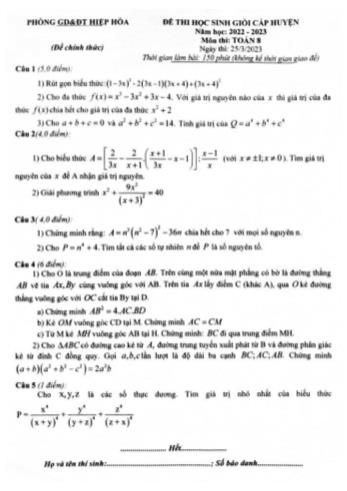 Đề thi chọn học sinh giỏi cấp huyện Toán Lớp 8 - Năm học 2022-2023 - Phòng GD&ĐT Hiệp Hòa
