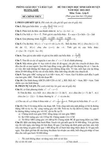Đề thi chọn học sinh giỏi cấp huyện Toán Lớp 8 - Năm học 2022-2023 - Phòng GD&ĐT Hương Khê (Có hướng dẫn chấm)