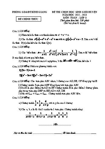 Đề thi chọn học sinh giỏi cấp huyện Toán Lớp 8 - Năm học 2022-2023 - Phòng GD&ĐT Bình Giang (Có hướng dẫn chấm)