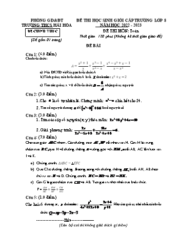 Đề thi chọn học sinh giỏi cấp trường Toán Lớp 8 - Năm học 2022-2023 - Trường THCS Hải Hòa (Có hướng dẫn chấm)