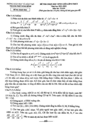 Đề thi chọn học sinh giỏi Toán Lớp 8 - Năm học 2021-2022 - Phòng GD&ĐT Ninh Bình