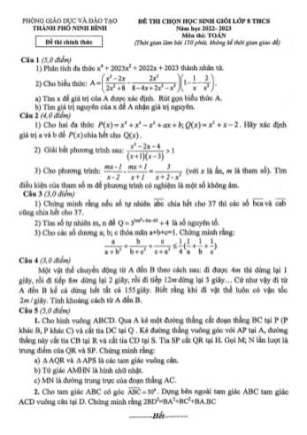 Đề thi chọn học sinh giỏi Toán Lớp 8 - Năm học 2022-2023 - Phòng GD&ĐT Ninh Bình