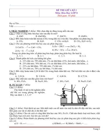 Đề thi giữa kì 2 Hóa học Lớp 8 (Có đáp án)