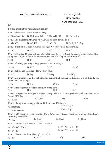 Đề thi học kì 1 Toán Lớp 8 - Năm học 2021-2022 - Trường THCS Đăng Khoa (Có đáp án)