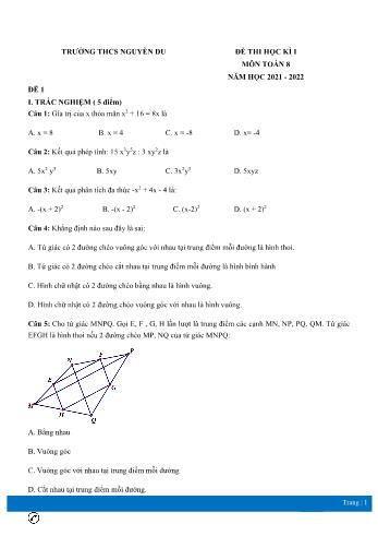 Đề thi học kì 1 Toán Lớp 8 - Năm học 2021-2022 - Trường THCS Nguyễn Du (Có đáp án)