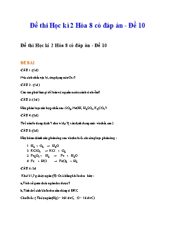 Đề thi học kì 2 Hóa học Lớp 8 - Đề 10 (Có đáp án và biểu điểm)