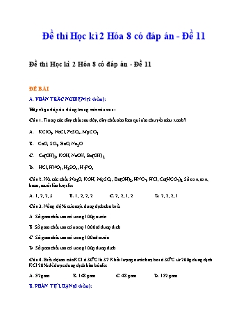 Đề thi học kì 2 Hóa học Lớp 8 - Đề 11 (Có đáp án và biểu điểm)