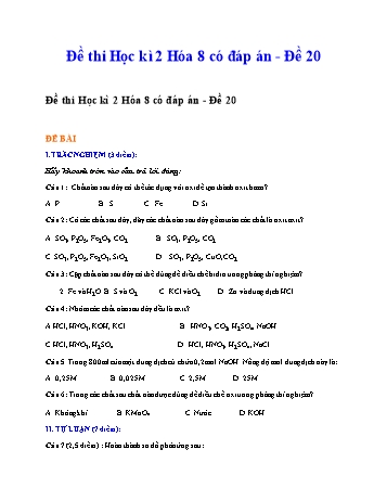 Đề thi học kì 2 Hóa học Lớp 8 - Đề 20 (Có đáp án và biểu điểm)