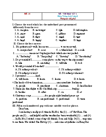Đề thi học kì 2 Tiếng Anh Lớp 8 - Đề 14 (Kèm đáp án)