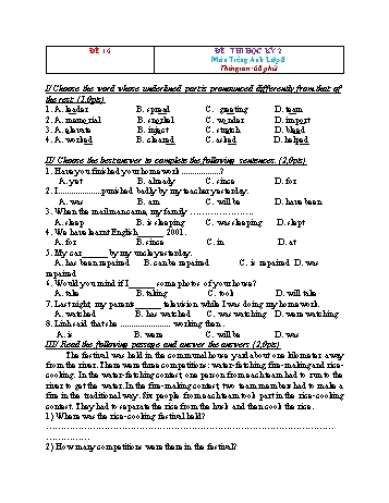 Đề thi học kì 2 Tiếng Anh Lớp 8 - Đề 16 (Kèm đáp án)