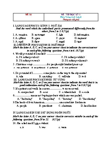 Đề thi học kì 2 Tiếng Anh Lớp 8 - Đề 20 (Kèm đáp án)