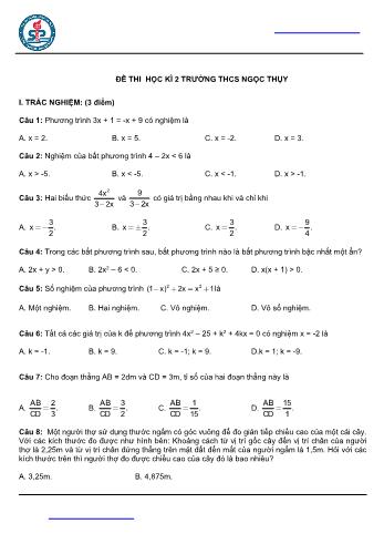 Đề thi học kì 2 Toán Lớp 8 - Trường THCS Ngọc Thụy