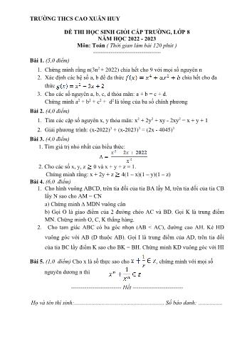 Đề thi học sinh giỏi cấp trường Toán Lớp 8 - Năm học 2022-2023 - Trường THCS Cao Xuân Huy