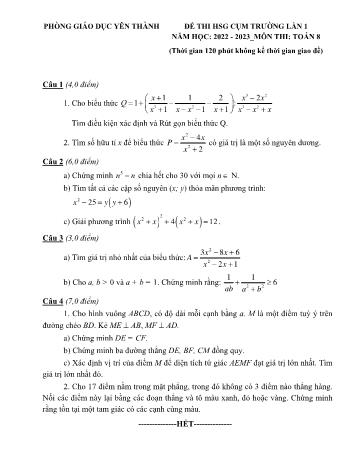 Đề thi học sinh giỏi cụm trường Toán Lớp 8 (Lần 1) - Năm học 2022-2023 - Phòng GD&ĐT Yên Thành (Có đáp án)