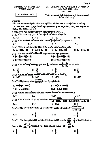 Đề thi học sinh năng khiếu Toán Lớp 8 - Năm học 2022-2023 - Phòng GD&ĐT Thanh Sơn (Có hướng dẫn chấm)